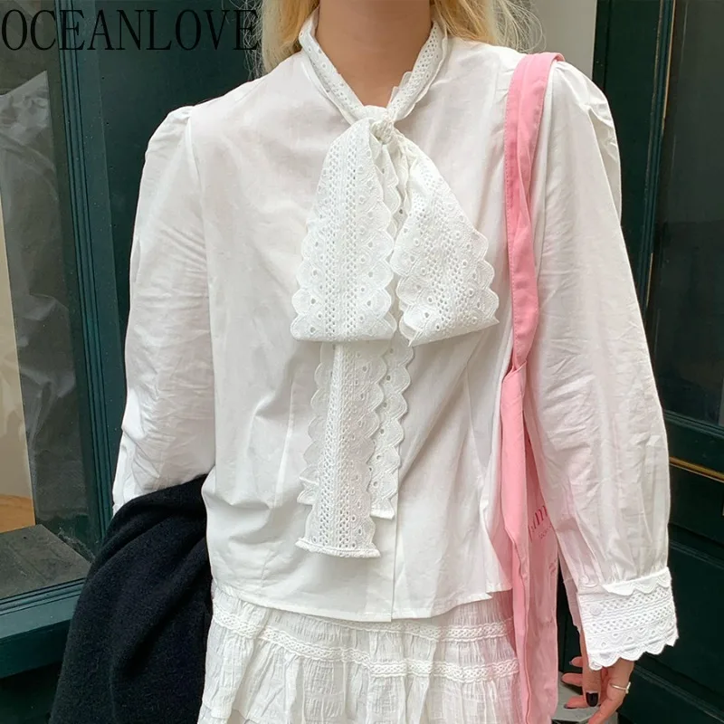 

OCEANLOVE Lace Bows Women Shirts&blouses Solid White Spring Autumn Vintage Blusas Mujer Korean Fashion Elegant Sweet Camisas