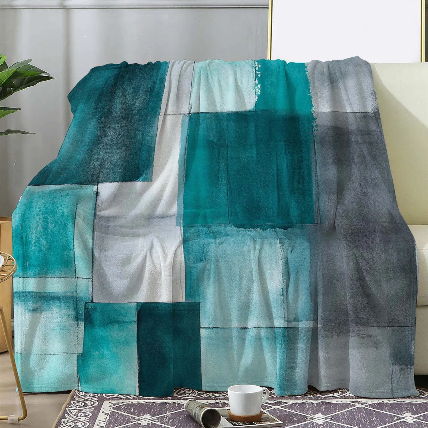 Flannel Blanket - Warm, Soft, Blue, and Gray Squares,Perfect for Sofa, Bed, Car,Office, Camping, and Travel,Gift for All Seasons
