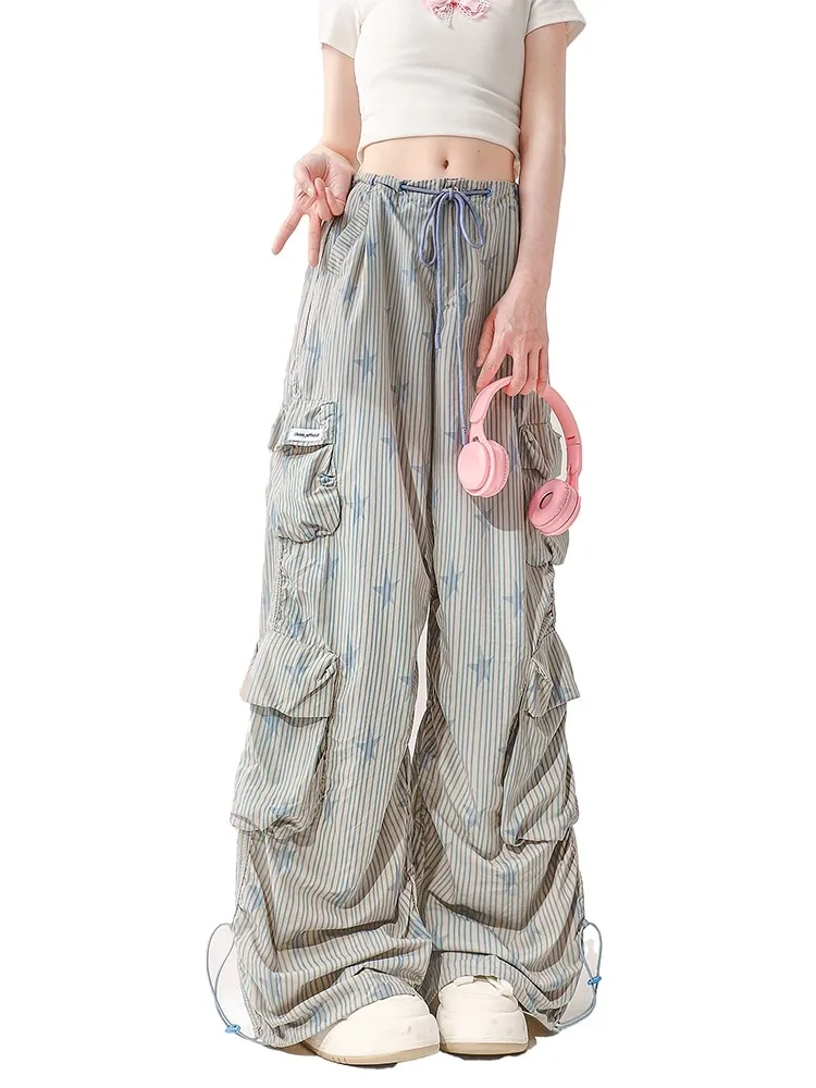 Women's Blue Striped Star Cargo Pants Baggy Y2k Streetwear Parachute Pants Vintage Harajuku 90s Aesthetic Trousers Clothes 2024