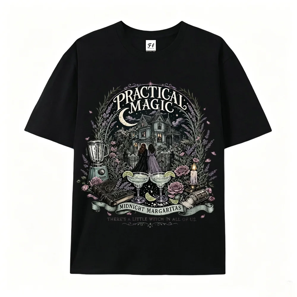 Practical Magic Midnight Margaritas Print Shirt Women Vintage Witchy Short Sleeve Round Neck Oversized Tee Witch Lover Gift Top