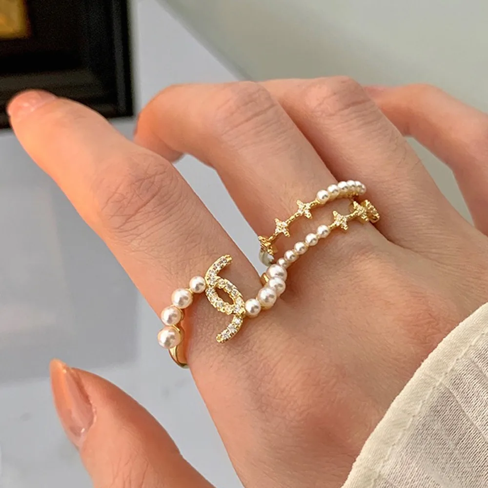 Pearl Zircon Open Ring Female Niche Design Sense Advanced Index Finger Ring Ins Hepburn Style Fashion Personality Ring