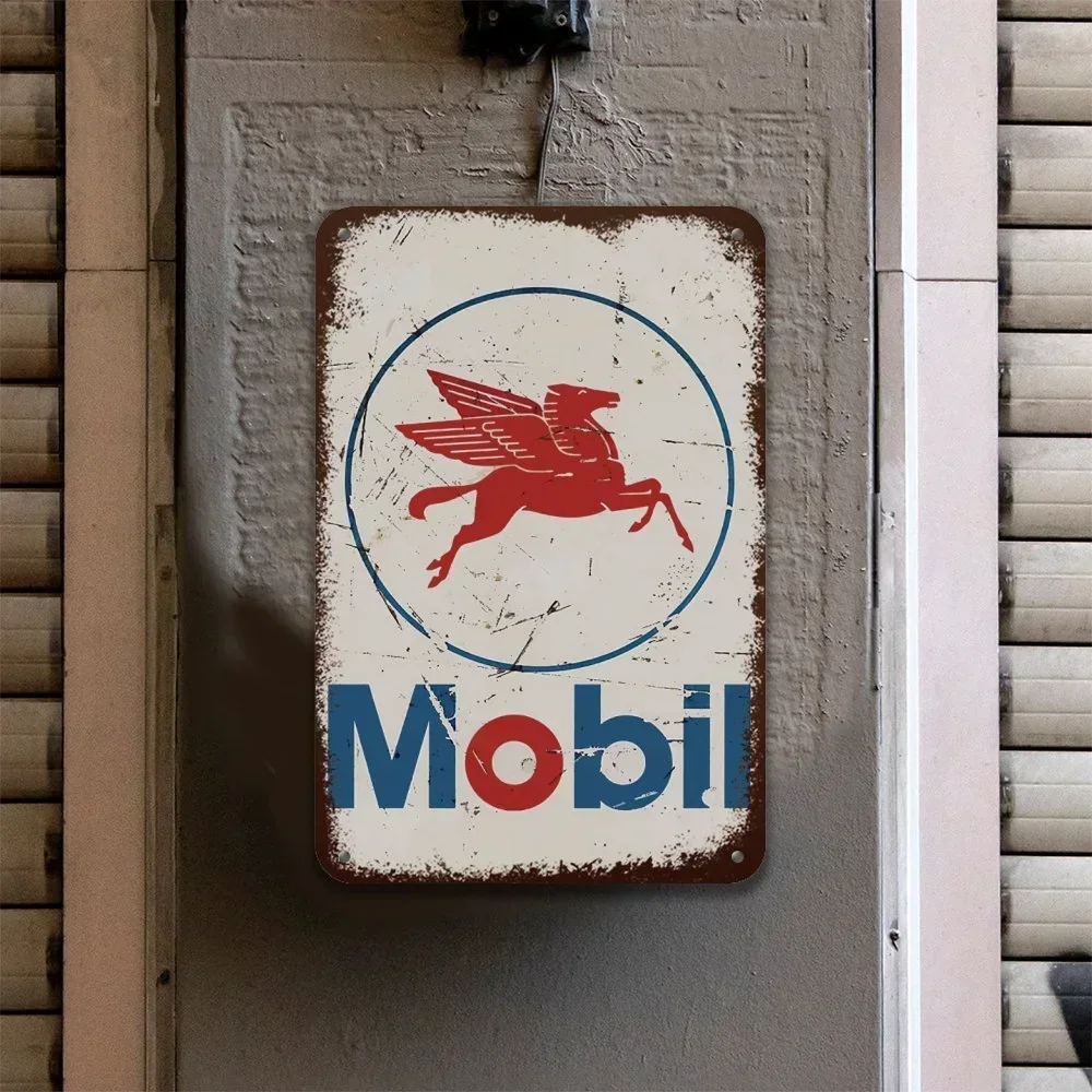 Tin Sign Mobil Logo Rustic Rust Oil Gas Station Wall Sign Decor Auto Shop Garage Cave, Any Occasion Gift