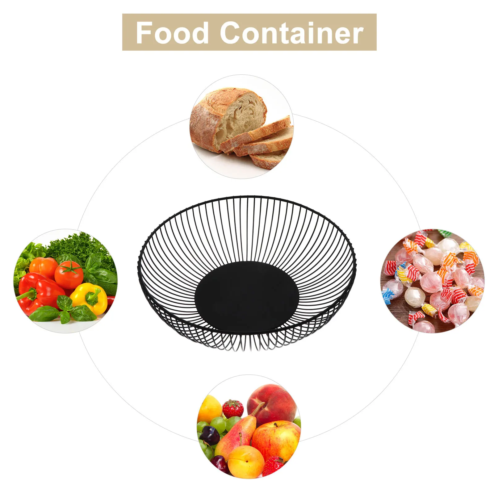 

Black Iron Snack Storage Basket 11 Inch Round Kitchen Fruit Bowl Decorative Wire Container Portable Home