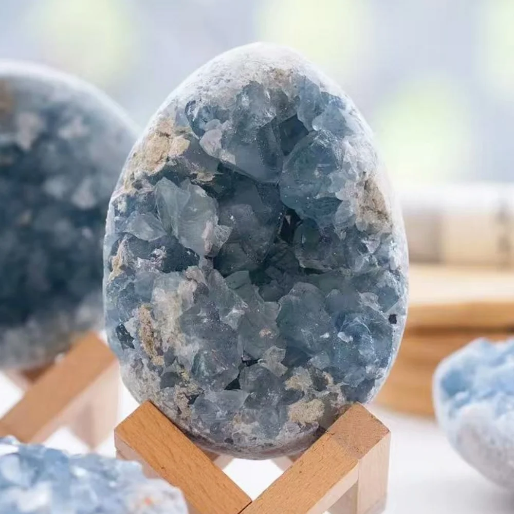 0.992lb Celestite Egg Geode Celestine Cluster Polished Druzy Altar Blue Calcite Egg Home Decor