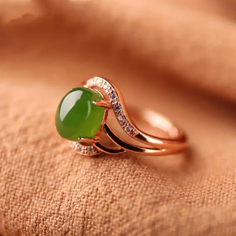 Creative Design Rose Gold Inlaid Natural Jasper Oval Opening Adjustable Ladies Ring Elegant Charm Silver Jewelry