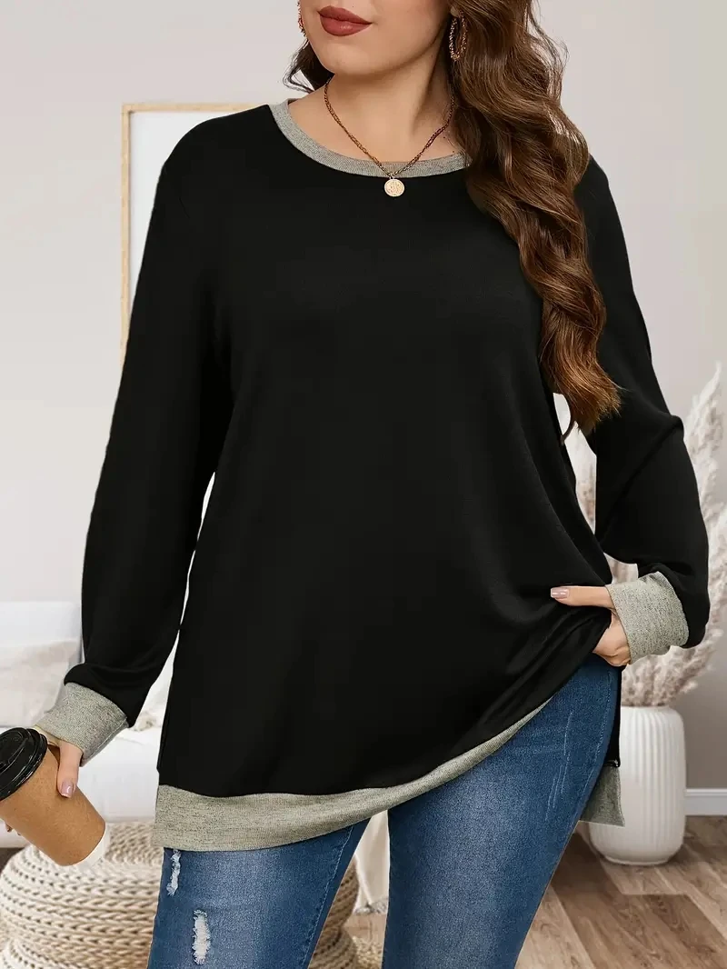 Plus Size 1XL-5XL Women's Casual Sweatshirt Colorblock Long Sleeve Round Neck T-shirts Pullovers Sweatshirt Tops