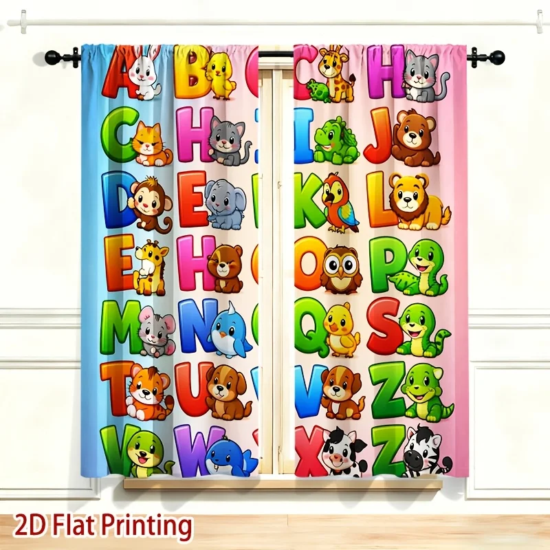 Cartoon Animal Alphabet Curtain, Colorful ABC Kids Window Drapes, Nursery Preschool Learning Decor