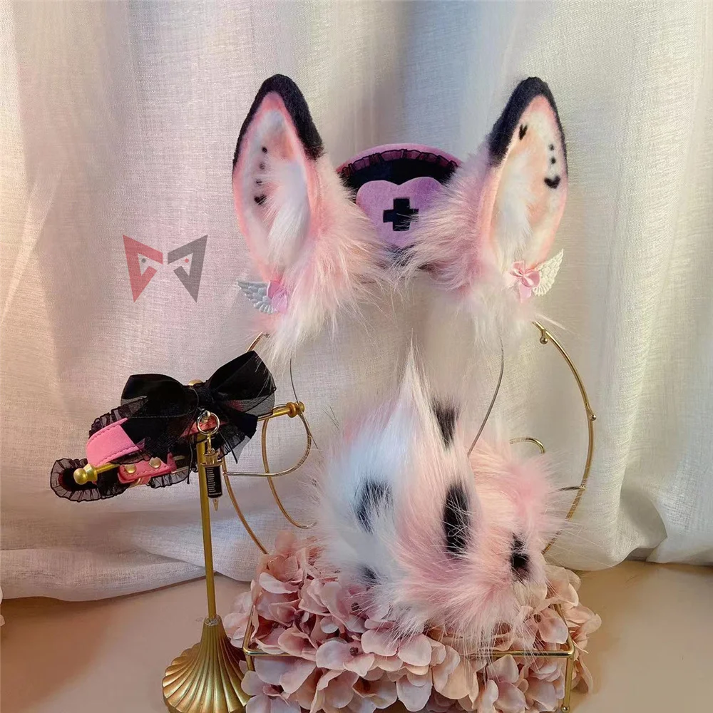 

MMGG Handmade Work Pink Bunny Rabbit Ears Hairhoop Nurse Hat Tail Necklace Earrings Cosplay Lolita Acessories Headwear