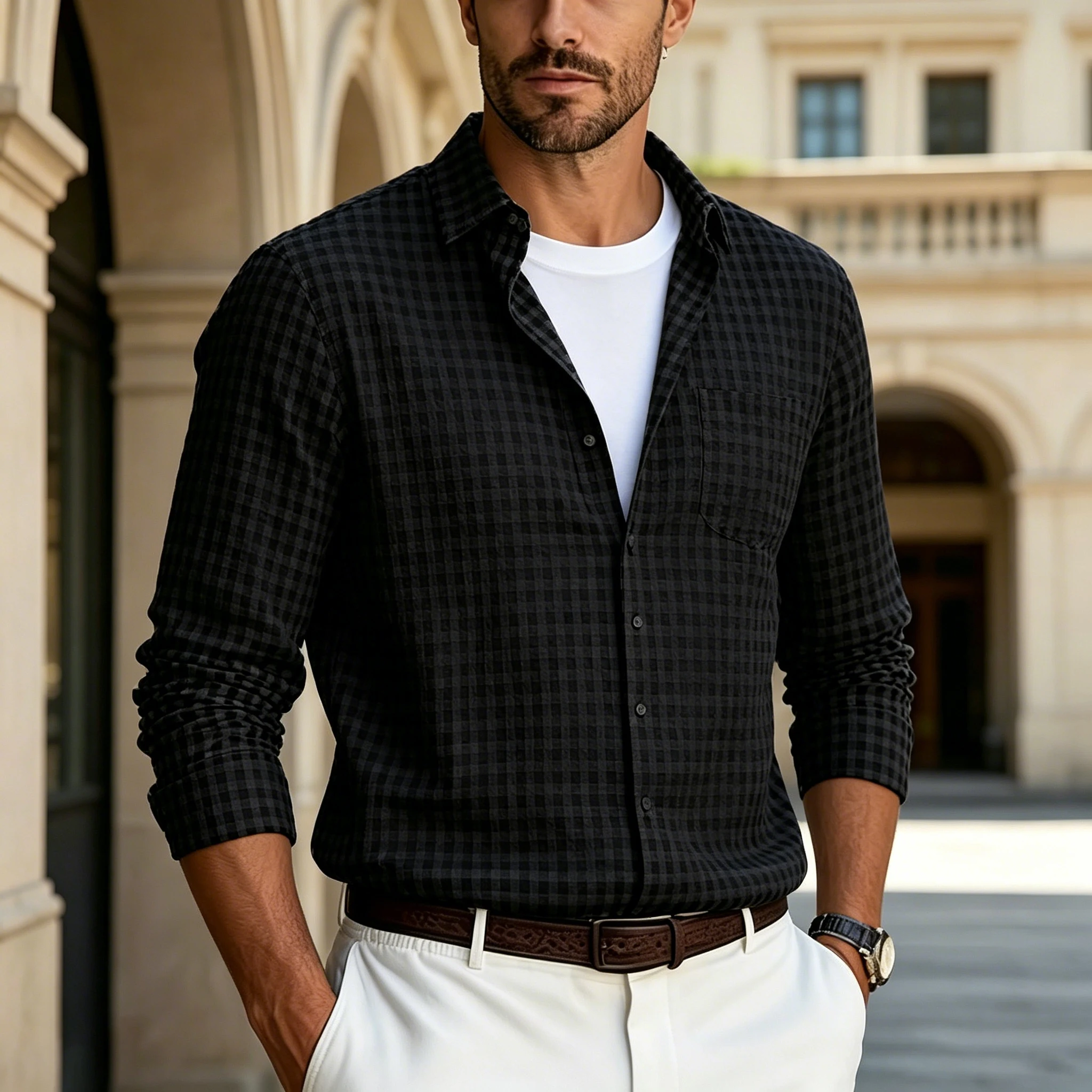 Men's Fine Check Long-Sleeved Shirt, Collared Casual Shirt with Pockets, Retro and Versatile Men's Top for Commuting.