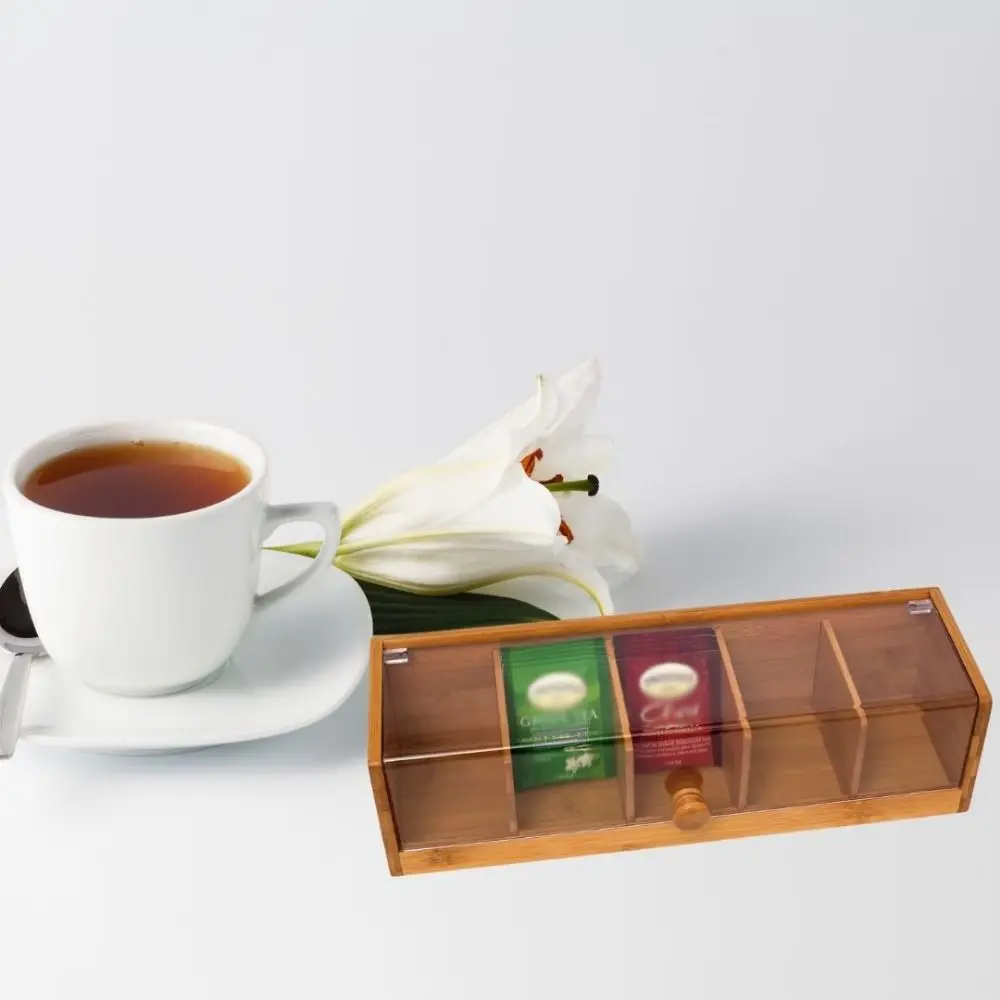 

5 Slots Tea Bag Storage Organizer Bamboo Handmade Coffee Capsule Storage Box Portable Space Saving Desktop Sundries Organizer