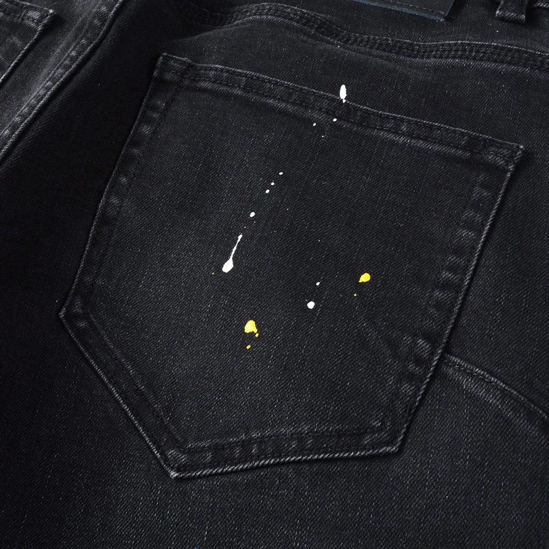 y2k new men's jeans, painted elastic slim fit, washed and worn black jeans, high street designer hip-hop brand pants, ho