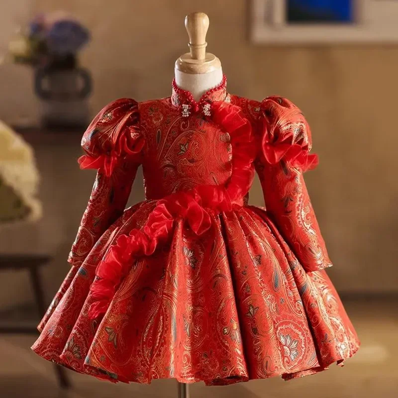 

New Children's Catwalk Red Evening Gown Host Piano Performance Wedding Birthday Party Flower Girl Dresses A4275 Vestidos