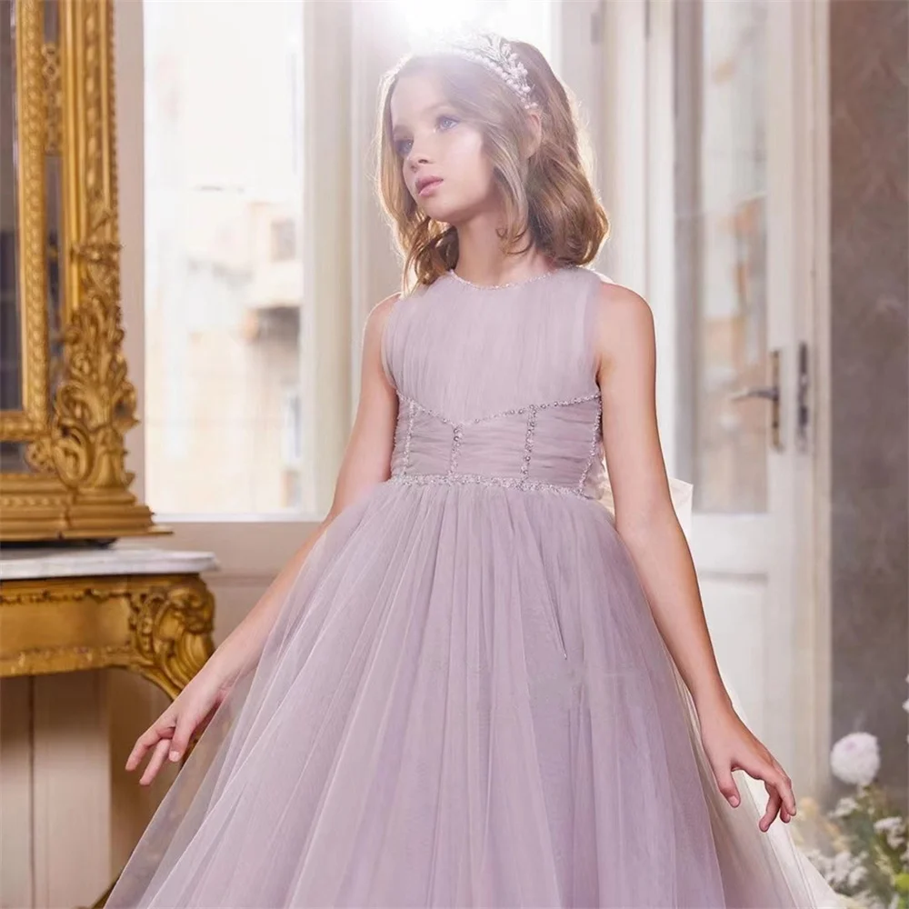 Simple Purple Tulle Sleeveless Flower Girl Dress For Wedding New A-Line Princess Shiny Beads Long First Communion Dress