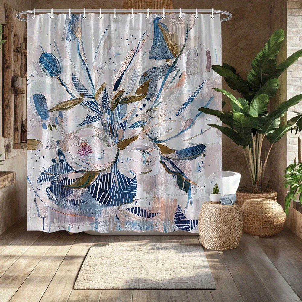 1pc Modern Abstract Floral Shower Curtain - Polyester Fabric with Earthy Tones, Fade-Resistant & Machine Washable