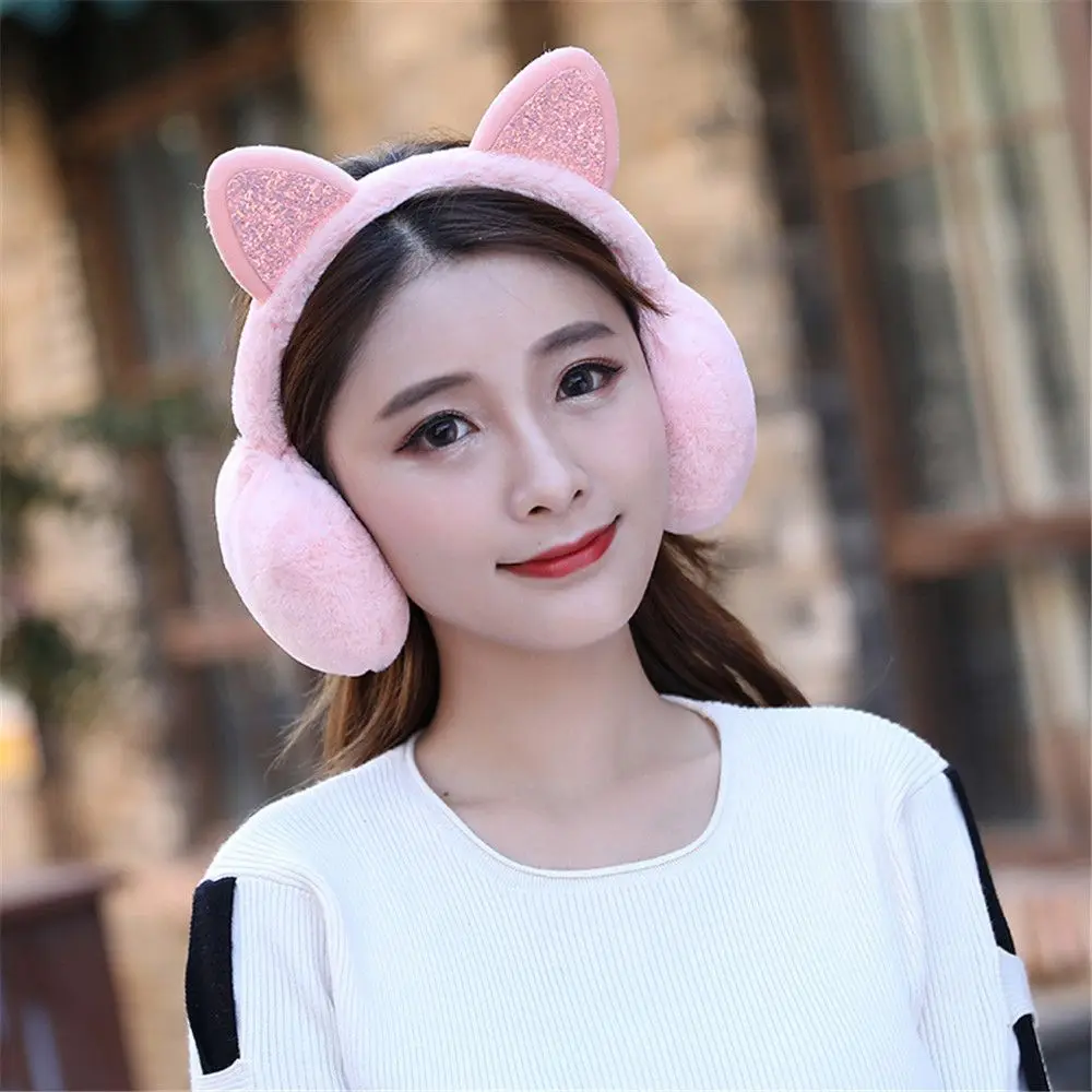 New Lovely Winter Warm Cat Ear Warmers Glitter Ears Plush Earmuffs for Women Playful Girls Ear Muffs Cold Protection Warm Hot