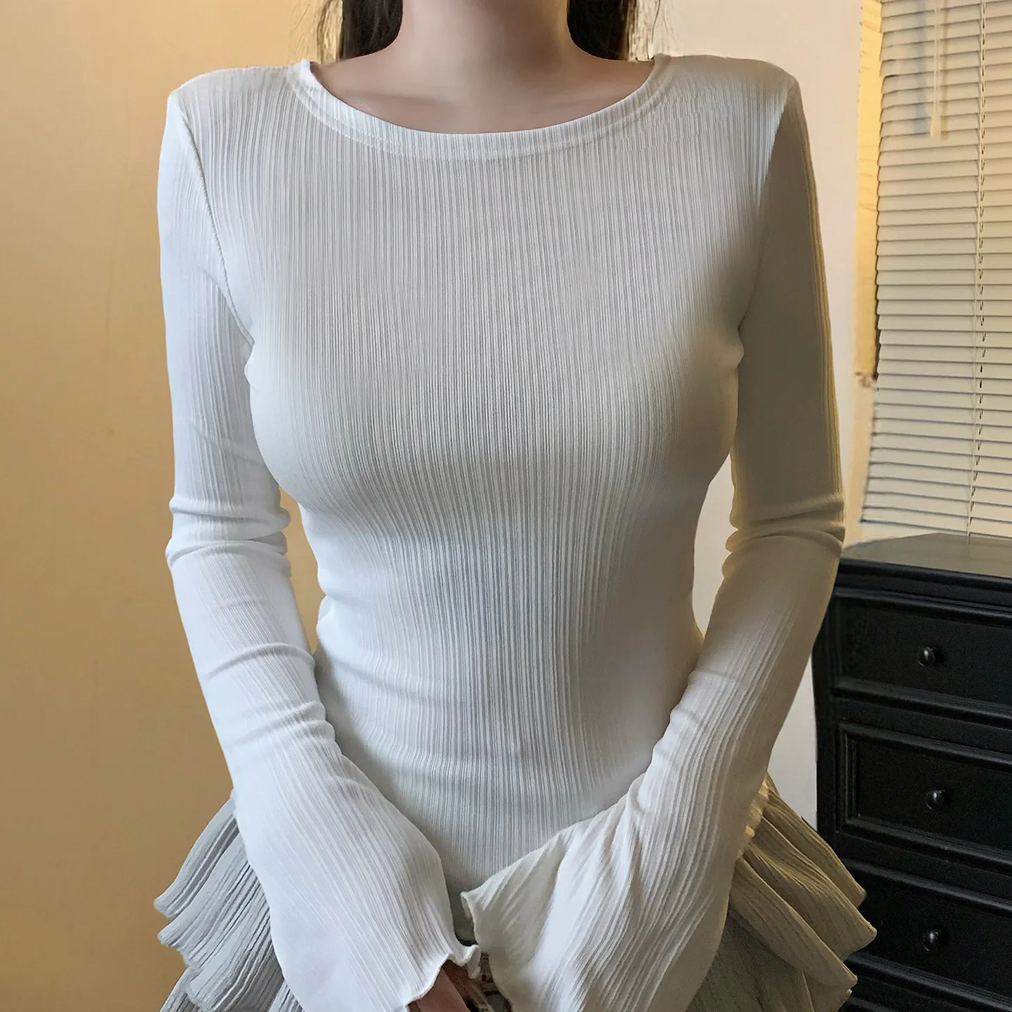 Women's Pleated Flared Sleeve T-shirt Spring Autumn Solid Color Simple Slim Tops American Fashion Texture Female Tees