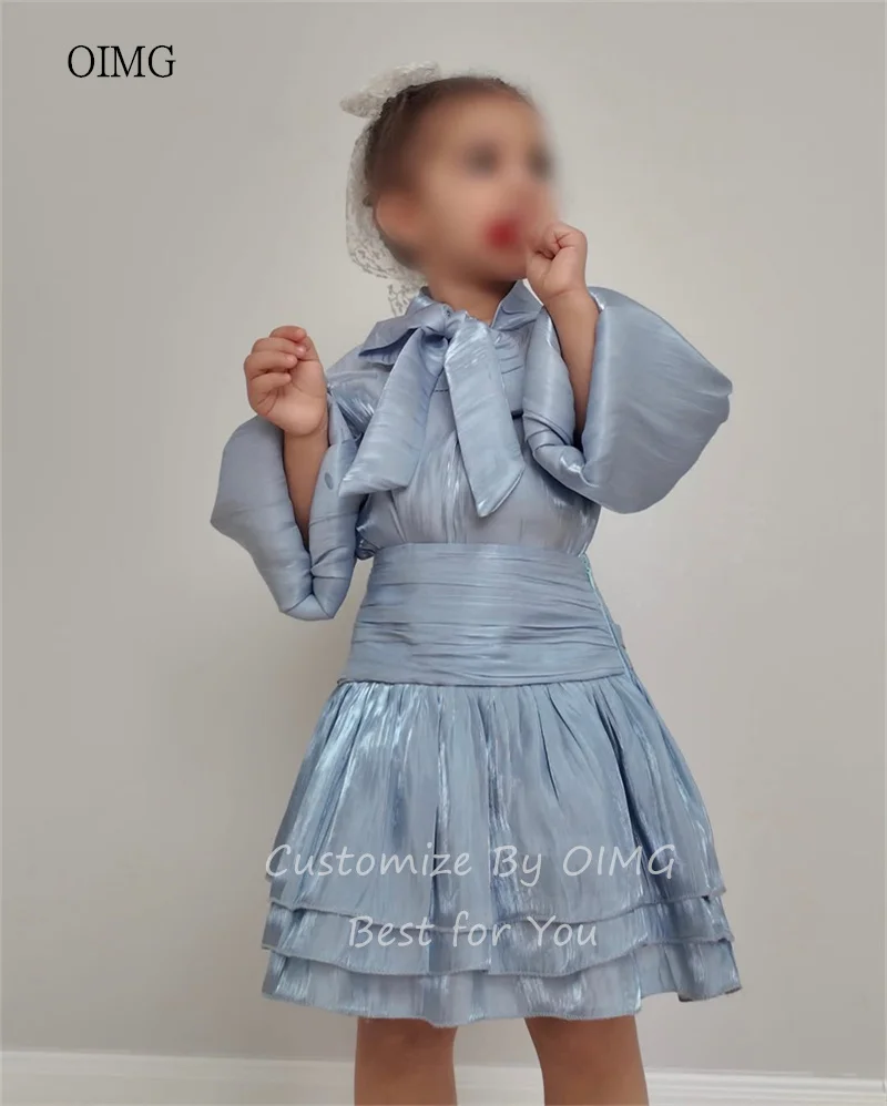 

OIMG Dusty Blue Bow Neck A Line Flower Girl Dresses Multi-layer Full Sleeves Wedding Gown Knee Length Birthday Dress Customized