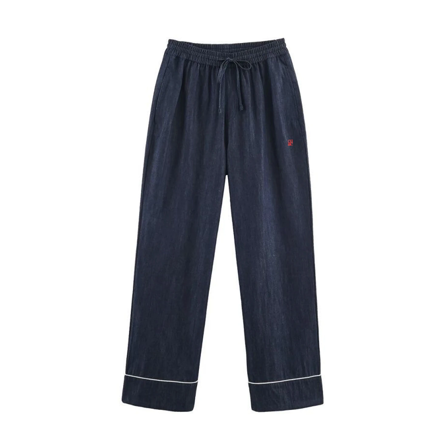 CH Letter Embroidered Solid Color Denim Pajama Set Women Notched Lapel Drawstring Waist Regular Fit Minimalist Chic Loungewear image 6