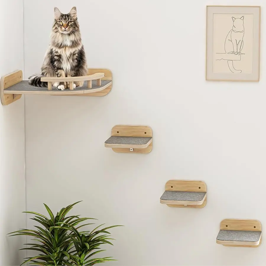

Megidok Cat Wall Furniture - Corner Climbing Shelf with 3 Wide Steps, Modern Floating Stairs for Indoor Cats up to 30 Lbs - Wood