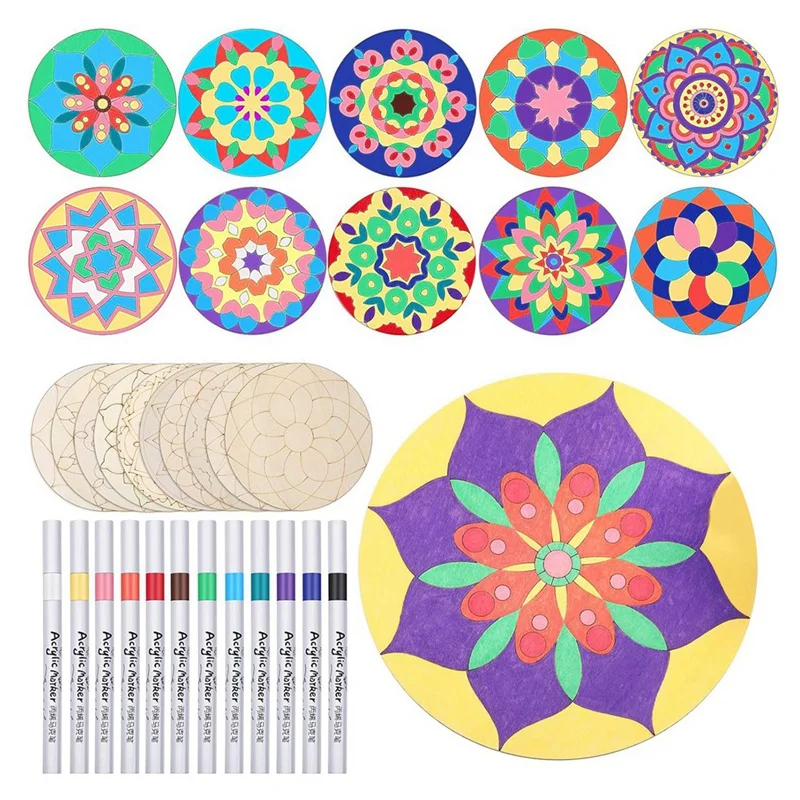 22 Pcs Wooden Mandala Painting Set 10 Mandala Unfinished Wood Cutouts With 12 Markers For Crafts Mandala Wood Slices