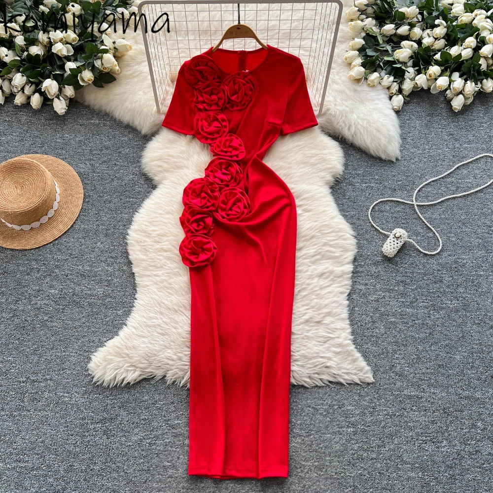 

2025 Three-Dimensionalfloral Vestidos O-neck Short Sleeve Dress Party Dresses Woman Summer New Robe Fashion Ropa De Mujer