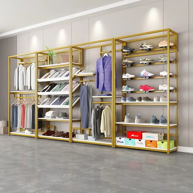 Personalizzato. Espositore per abbigliamento Appendiabiti a doppio strato Negozio di abbigliamento da donna per uomo Scaffale combinato per appendere vestiti in ferro dorato