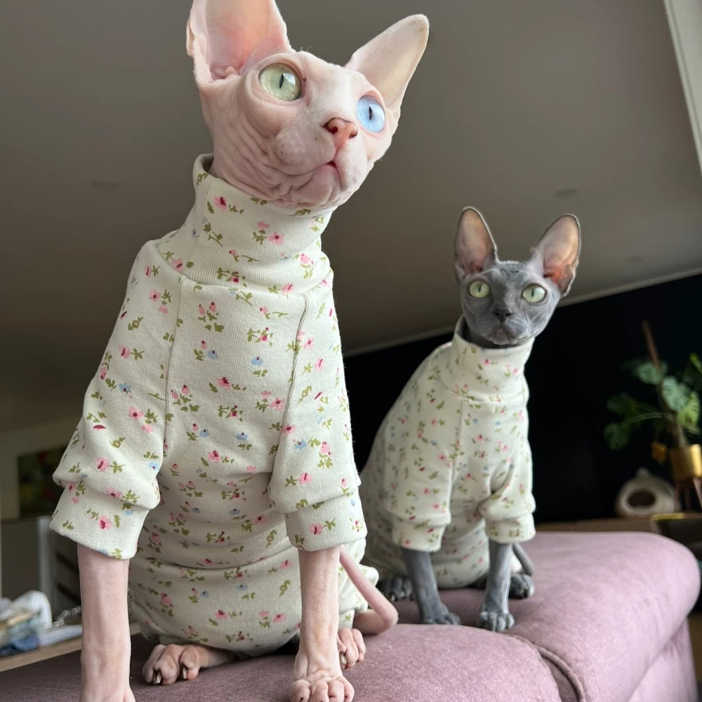 Warm Cotton Coat for Sphynx Cat Spring Soft Fabric Elestic Jumpsuit for Kittens Green Floral High-Neck Sweatshirt for Devon Rex