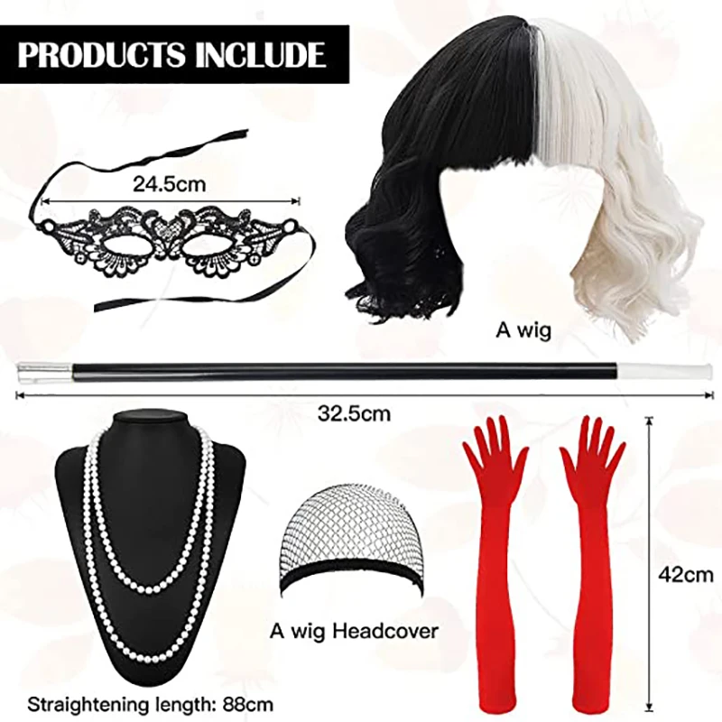 Cruella De Ville Fancy Dress Costume Halloween Costume Cruella Cosplay Party Supplies Black White Wig Prop Mask Gloves Necklace