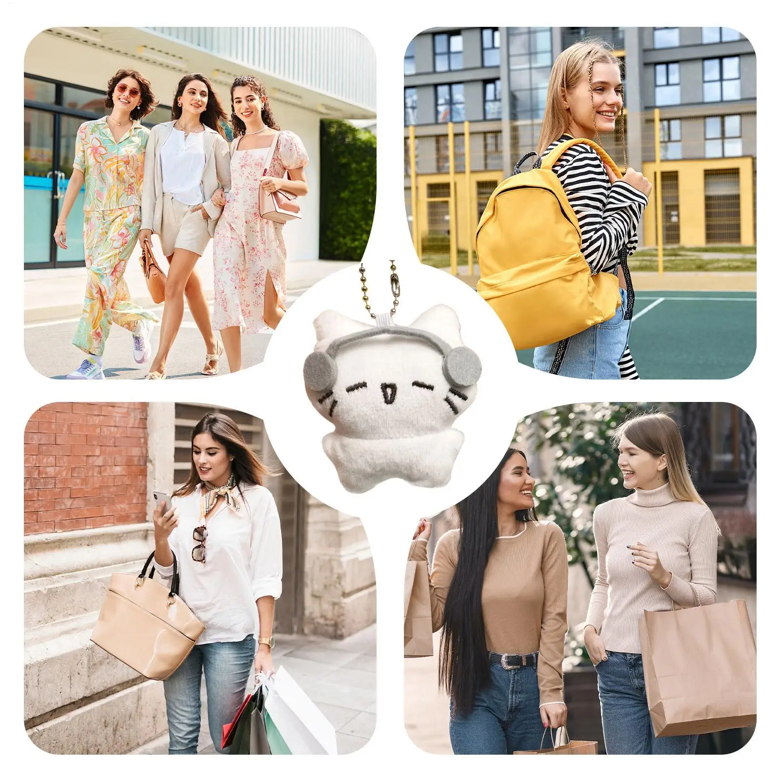 Cute Headphones Kitten Couple Key chains Mini Cat Doll Plush Keyrings Cartoon Dog Bee Bag Pendant Charms Backpack Decoration