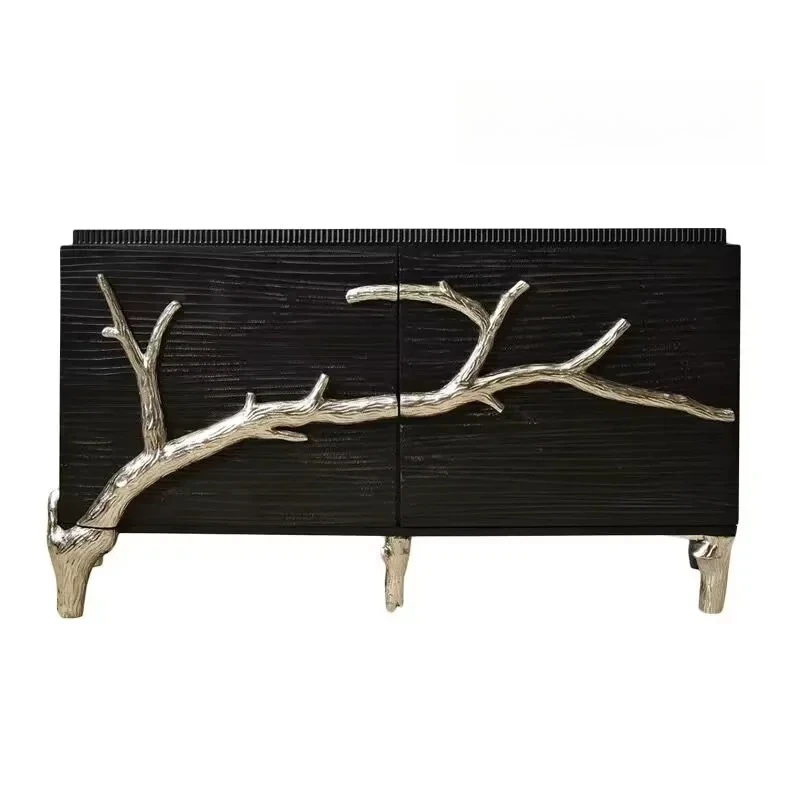 

French porch cabinet entry solid wood carving black decorative cabinet light luxury high-end living room dining side cabinet