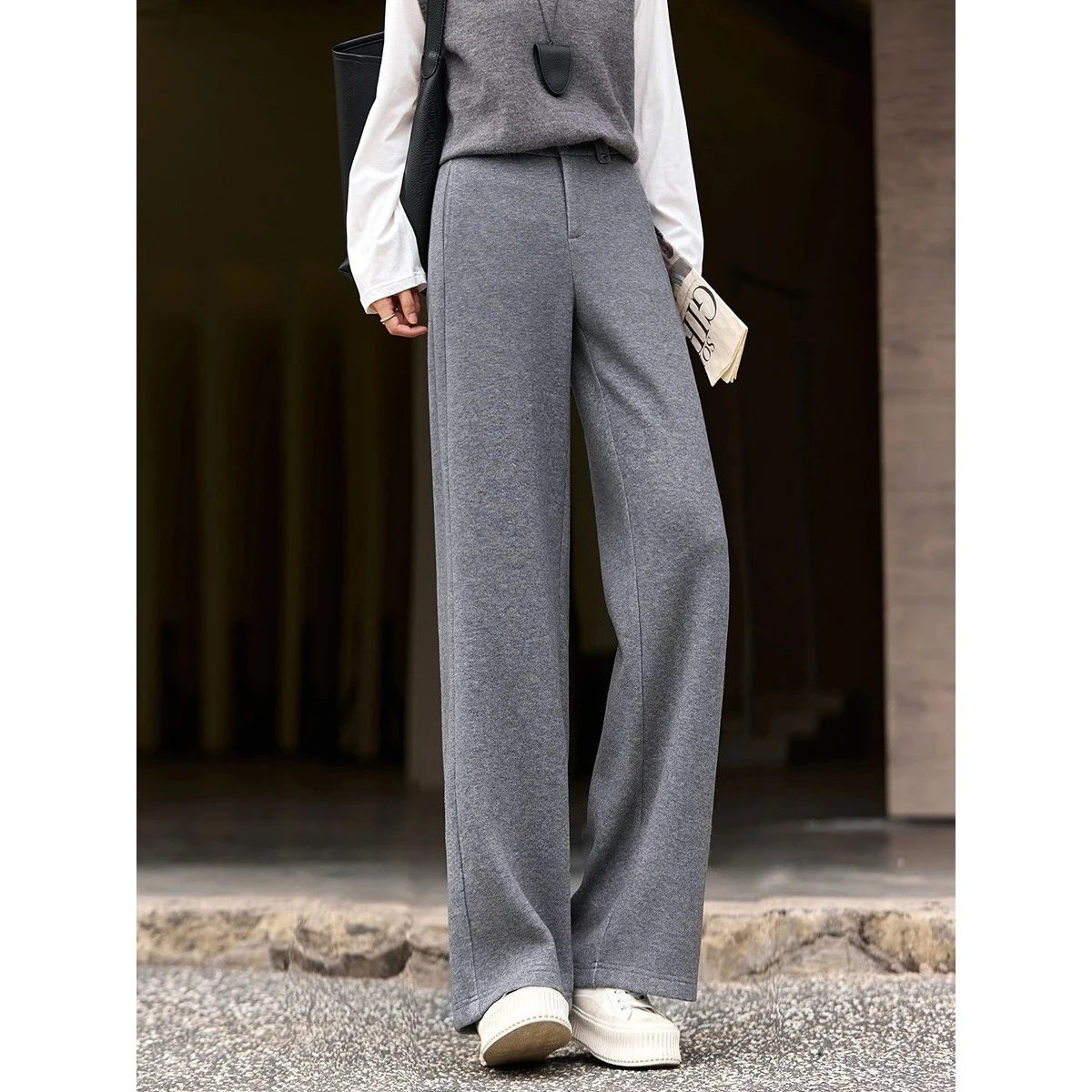 VIMLY 여성용 긴 바지 2025 겨울 다용도 솔리드 지퍼 플라이 와이드 레그 스웨트팬츠 캐주얼 루즈 핏 여성 의류 A3232