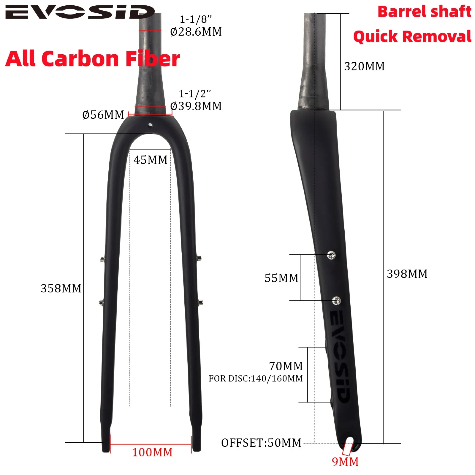 

EVOSID Carbon Fiber Front Fork Road Bike Fork Ultralight 454g Gravel Bicycle Fork 700*45 Quick Release Barrel Shaft Disc V-Brake