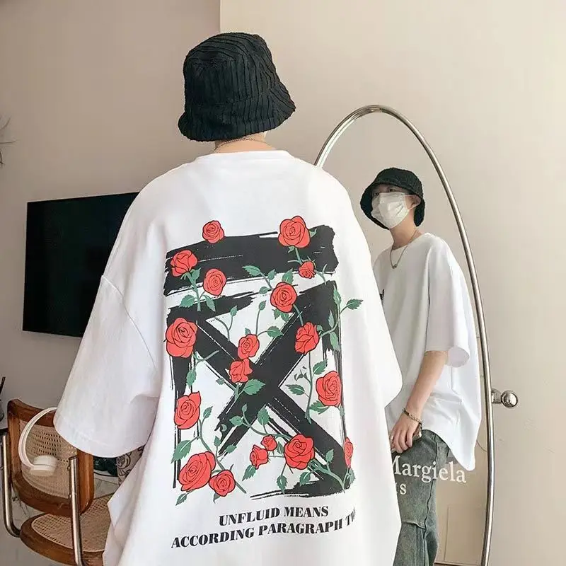 Summer Men Roses Print T-Shirt Fashion Cotton Tops Tees Male Casual Clothing Short Sleeve Streetwear Harajuku Y2K T-shirt