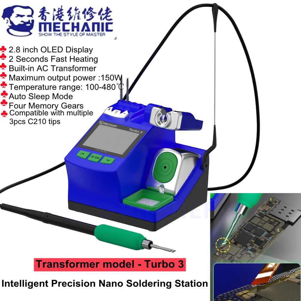 Умная паяльная станция MECHANIC Turbo 3, 150 Вт, 2,8 дюйма, OLED-дисплей C210, наконечники ручек для печатной платы телефона, BGA, быстрый нагрев, ремонт, сварка Умная паяльная станция MECHANIC Turbo 3, 150 Вт, 2,8 дюйма, OLED-дисплей C210, наконечники ручек для печатной платы телефона, BGA, быстрый нагрев, ремонт, сварка