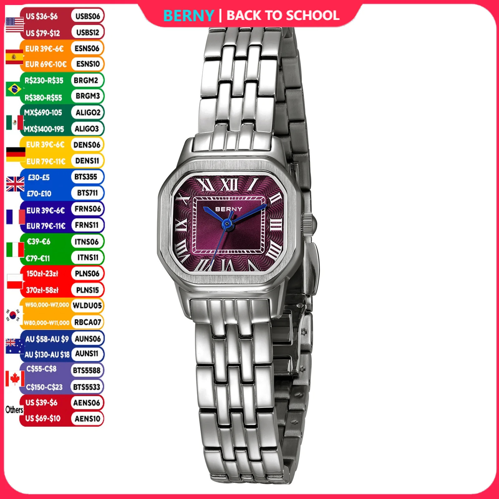 BERNY Women's Watches Elegant Fashion Casual Square Small Dial Ladies Dress Quartz Watch Full Stainless Steel Wristwatch