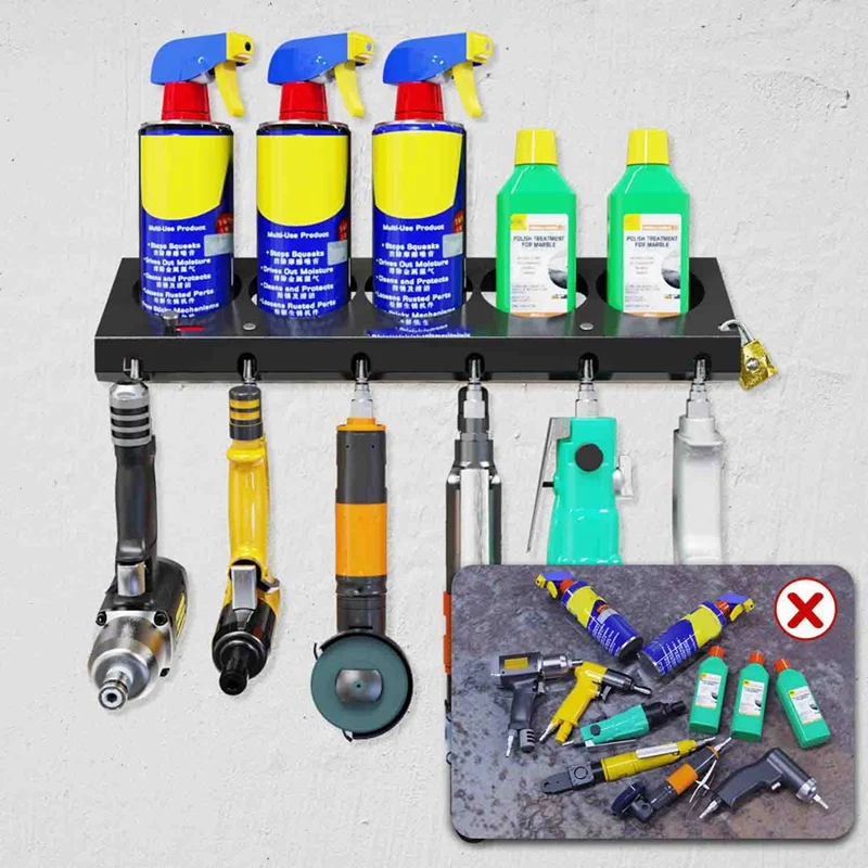 2PCS Pneumatic Tool Holder/Aerosol Rack Combo, Wall Mounted Spray Can Bottle Holder, Air Tool Organizer Easy Install Easy To Use