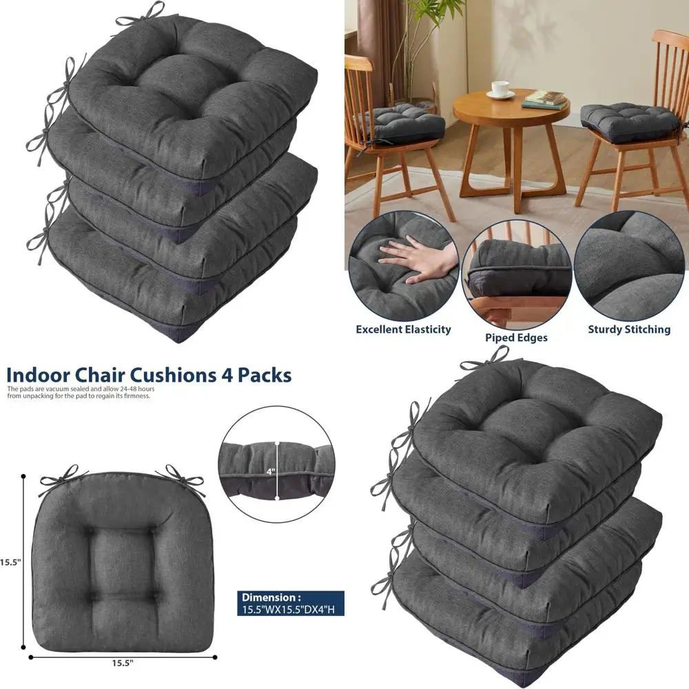 

Set of 4 Non-Slip Tufted Foam Seat Cushions for Dining Chairs, 15.5 x 15.5 x 4, Dark Grey