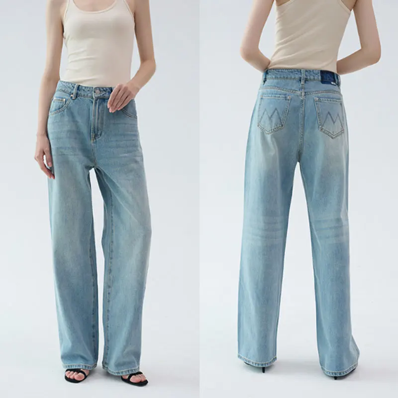 2024 neue hohe Taille Retro blau lange Schlepp hose Frauen locker sitzen weites Bein Jeans hose