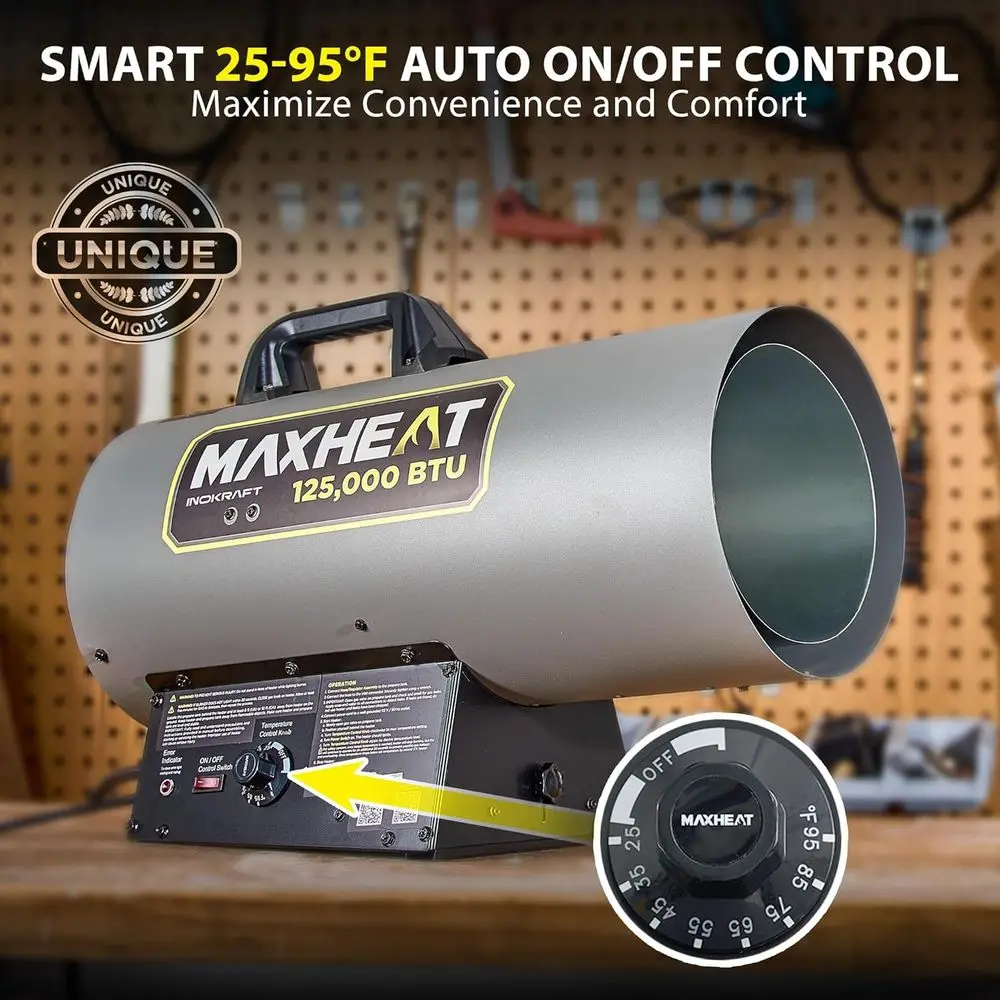 سخان هواء قسري محمول من البروبان MH125 مزود بقدرة 12000 وحدة حرارية بريطانية، وتحكم تلقائي في درجة الحرارة 25-95 فهرنهايت، مثالي للمرآب وورش العمل، Inc #2