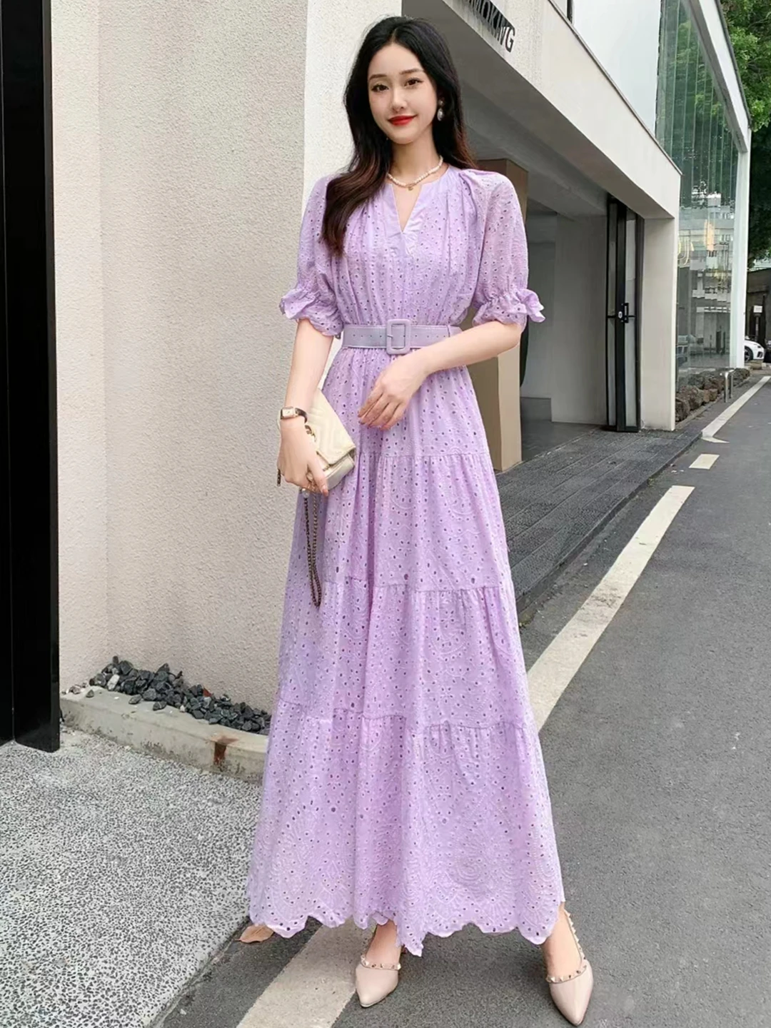 

2023 New Summer Women V-Neck Short Sleeve Belt Slim Long Dress High Quality Retro Embroidery Hollow Out Elegant Evening Dress