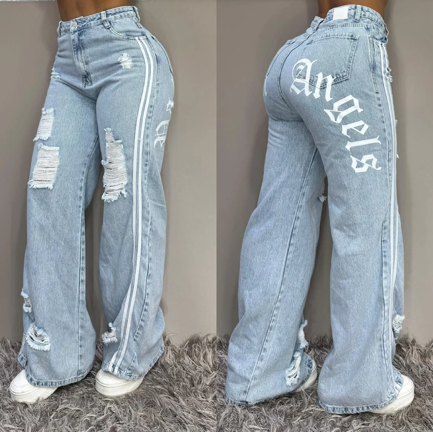 High Street Classic Baggy Element Blue Hole Jeans American Style Streetwear Stripe Straight Pants Casual Wide Leg Pants