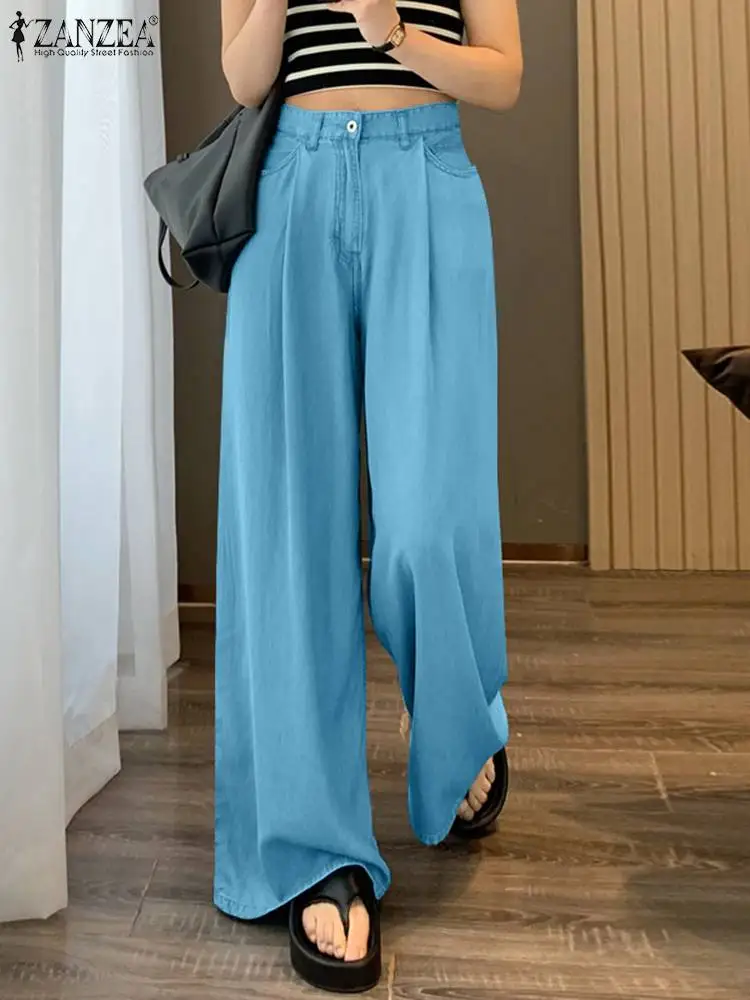 

Fashion High Waist Long Pants ZANZEA Women Wide Leg Jeans 2024 Summer Pocket Pleating Pantalones Casual Loose Demin Trouser Femm