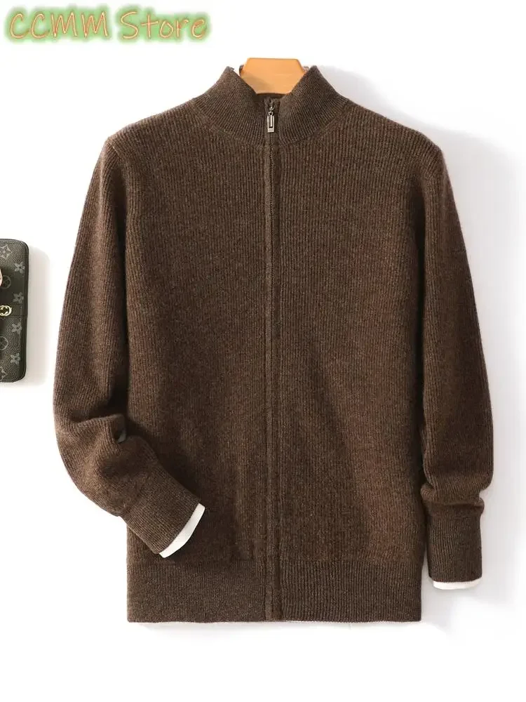 Men's Zipper Cashmere Cardigan Autumn Winter Thick Long Sleeve Sweater Merino Wool Knitwear Smart Casual Clothing Tops