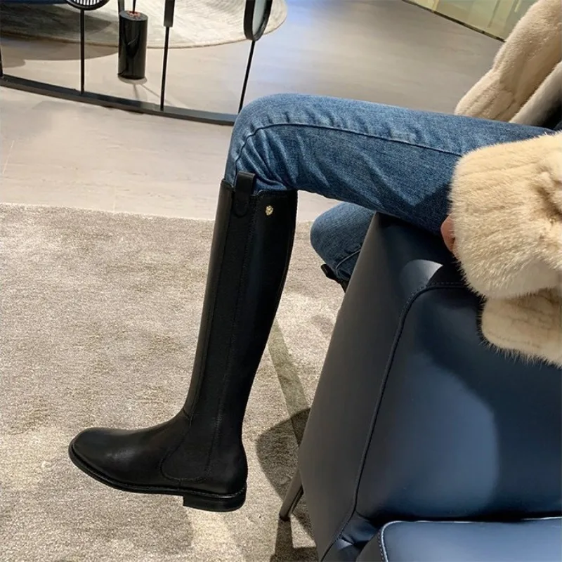 Heißer Verkauf Echtes Leder Frauen Chelsea Bots Leder Knie High Heels Casual Frau Socken Schuhe Plattform Frühling Winter Knie Boot