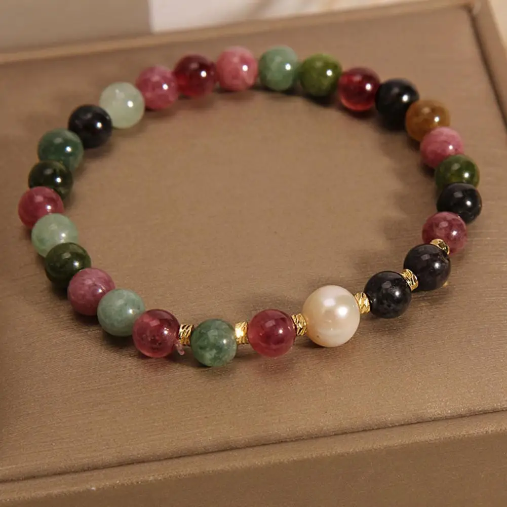 Good Luck Charm Bracelet Elegant Vintage Faux Pearl Tourmaline Women's Bracelet for Stress Relief Well-being Colorful Elastic