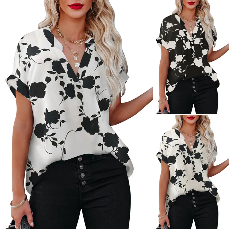 

Faion Summer Women's Casual Floral T-irt Street Sle Loose Fit Print Splice ort Sve V-Ne Regular Length Blouse