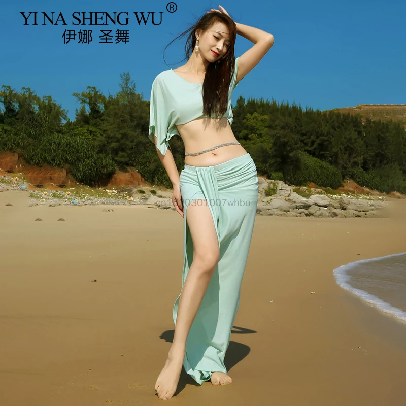 Offre spéciale nouveau col en v à manches droites danse du ventre 2 pièces ensemble femmes vêtements de danse du ventre jupe imprimée Costume de danse du ventre jupe supérieure