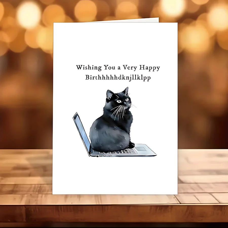 1pc Funny Black Cat Birthday Greeting Card, Humorous Cat On Laptop Keyboard Card, Wishing You A Very Happy Birthday Messy Typing