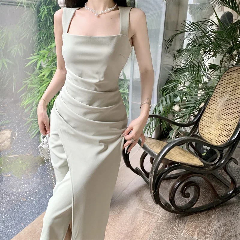 Topanoma Evening Dresses Women Sleeveless Sexy Square Collar Slim Elegant Split Cocktail Dress Wedding Party Fashion Bridesmaids