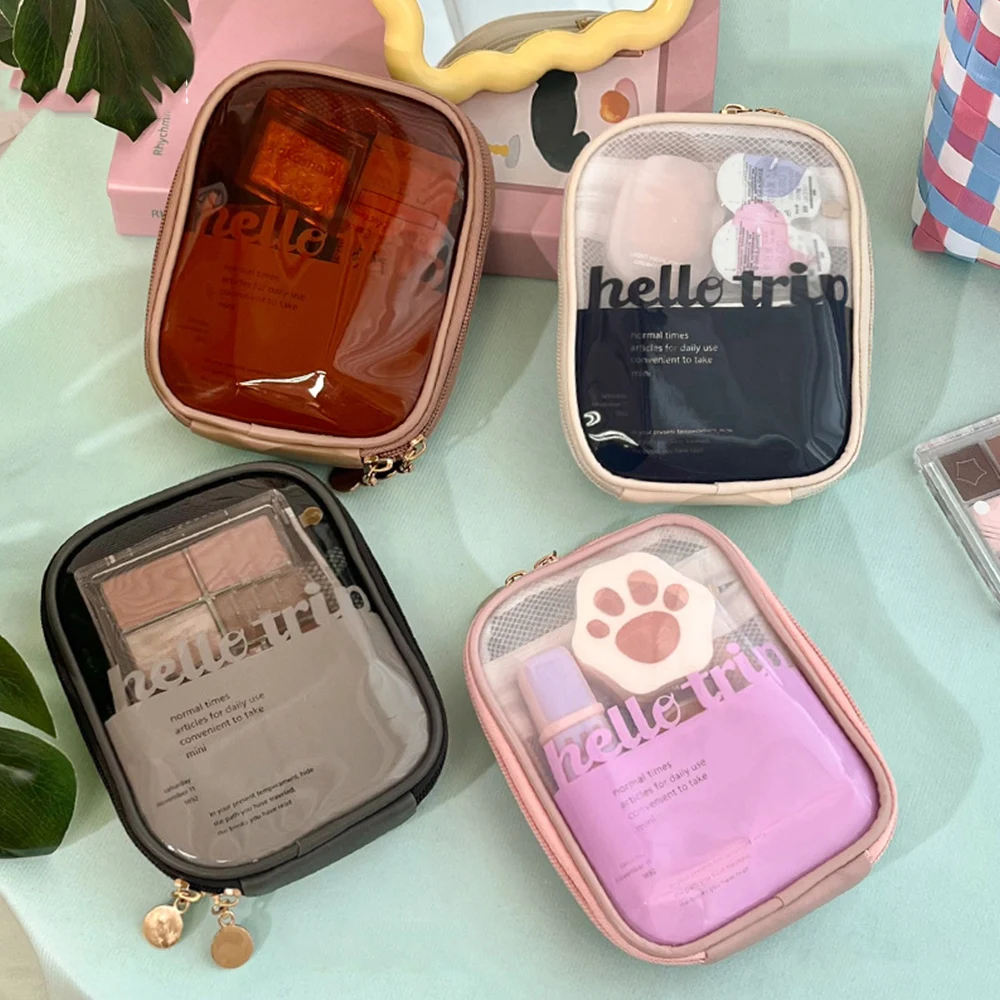 Portbale-Mini bolsa organizadora de maquillaje transparente para mujer, pequeña y bonita bolsa de maquillaje con cremallera, almacenamiento de